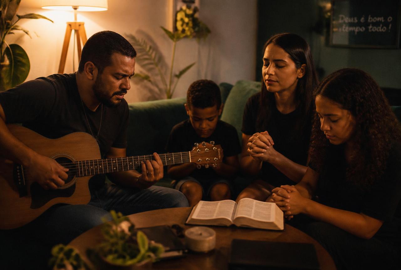 Família cristã reunida em momento de oração com uma pessoa tocando violão e a Bíblia aberta