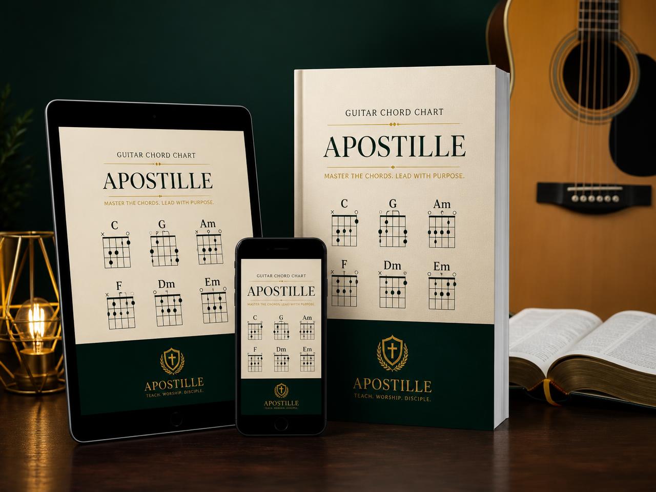 Apostila de violão em tablet, celular e livro digital ao lado de um violão e uma Bíblia aberta